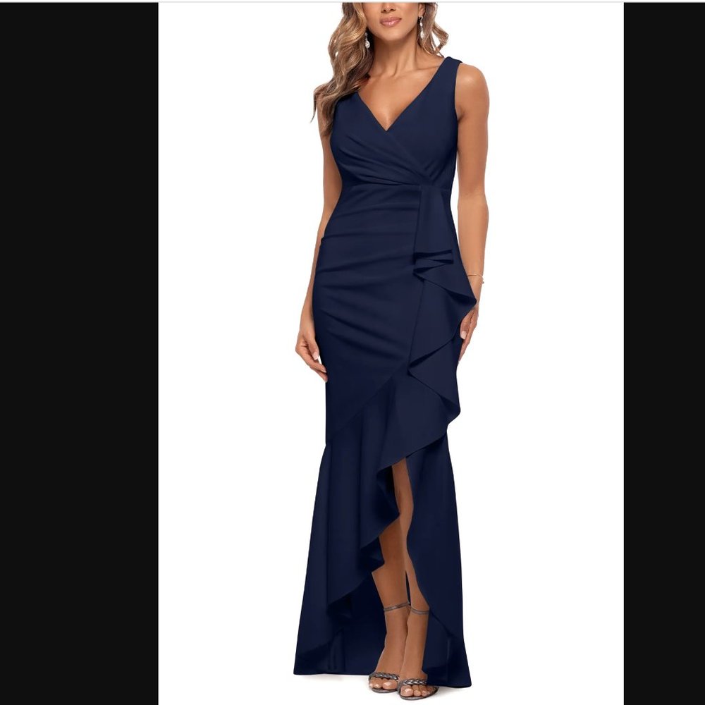 Betsy & Adam Navy Crepe V Neck Cascade Ruffle Hi Lo Gown, sz 12, NWOT